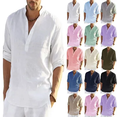 Mens Solid Beach Shirts Cotton Linen Grandad Casual Loose T Shirt Blouse Top 5XL • £11.39