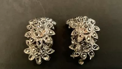 VTG Silver ART DECO Marcasite Pave Dome Clip-On Earrings Gorgeous In Person • $14.95