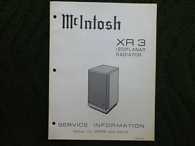 McIntosh XR 3 Isoplanar Radiator Service Information Manual Original  • $12.99