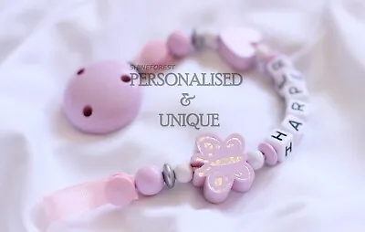 Dummy Clip Pink Butterfly Personalised Dummy Chain Pacifier Clip For Baby Girl • £9.45