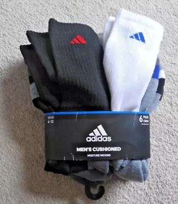 Adidas Men’s Cushioned MOISTURE WICKING  6-Pair Crew Socks SHOE SIZE 6-12 NWT • $16.99