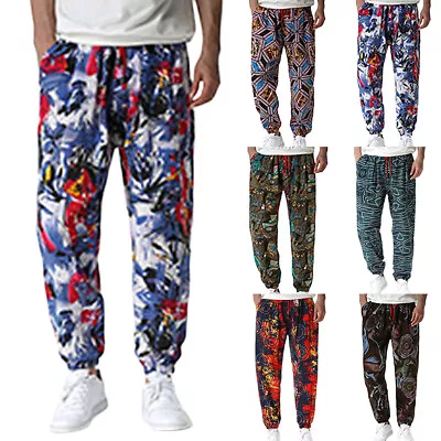 Mens Elasticated Waist Cotton Linen Harem Pant Hippie Boho Print Jogger Trousers • £3.59