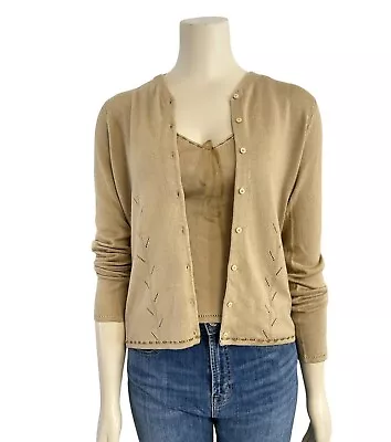 Urchin Mark Eisen Silk Cashmere Ribbon Pointelle Cardigan Sweater Tan Medium • $39.95