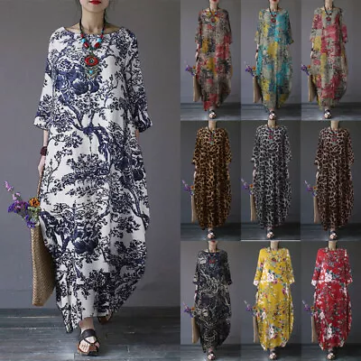 UK Womens Long Sleeve Floral Printed Casual Loose Kaftan Baggy Party Maxi Dress • £19.19