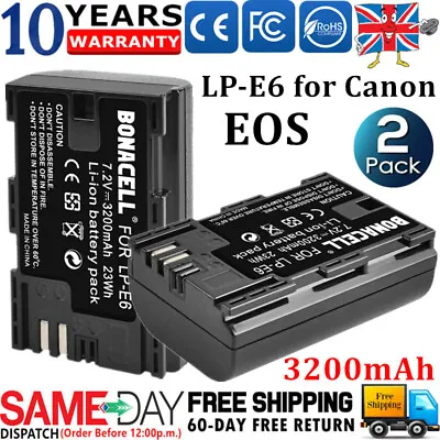 £17.99 • Buy 2x 3200mAh LP-E6 Battery For Canon EOS 5D Mark II III 6D 7D 60D 70D 80D Camera