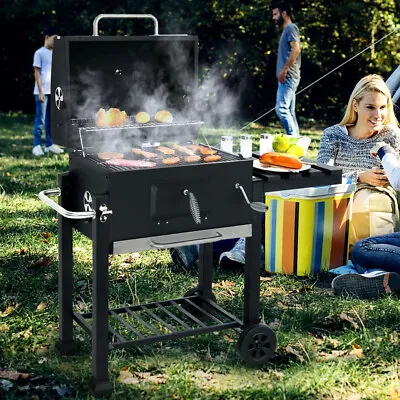 XL Charcoal Grill BBQ Trolley Wheel Two Arm Garden Smoker Side Shelf Steel Grill • £119.95