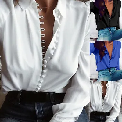 Women Long Sleeve Collar Shirts Ladies Work Casual Button Down Blouse Shirt Tops • £10.69