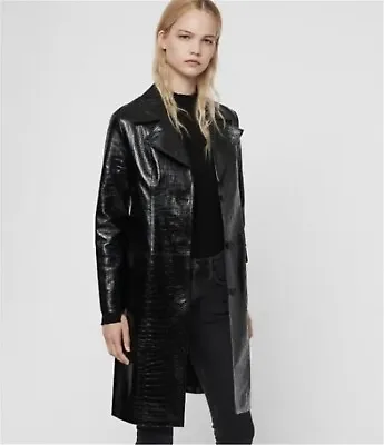 AllSaints Ali Mac Real Leather Croc Embossed Trench Coat Sz 8-10UK • $251.39