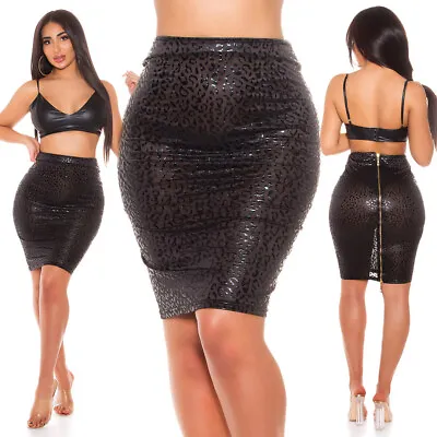 Sexy Black Leather Wet Look Animal Print Sheer Pencil Skirt With Zip Size Small • £19.95