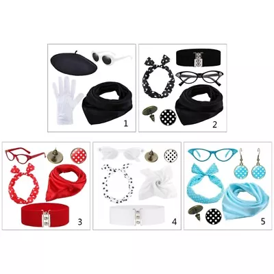 50s Rave Party Costume Set Scarf For Cat Eye Glasses Bandana Tie Headband Earrin • $18.79
