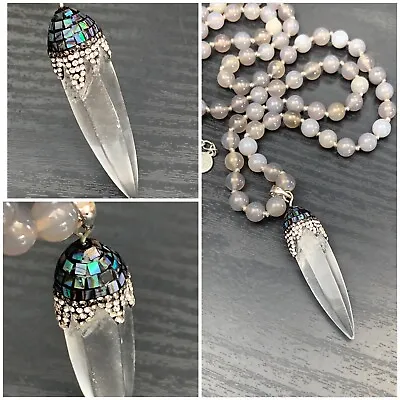 Vintage Necklace Stone Beads WOW Quartz Point Abalone Crystal Mosaic Boho ￼  30” • $49.50