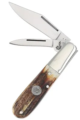 Queen Barlow Pocket Knife 1095 Carbon Steel Blades Brown Stag Handle Made In USA • $85.49