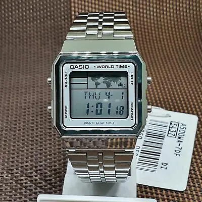 Casio A500WA-7D Vintage Silver Stainless Steel World Map Display Digital Watch • $56