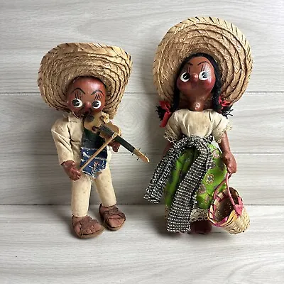 Vtg MEXICAN Hand Made Oil Cloth FOLK ART Dolls  Hat Man Violin/Pinata Woman • $12.38