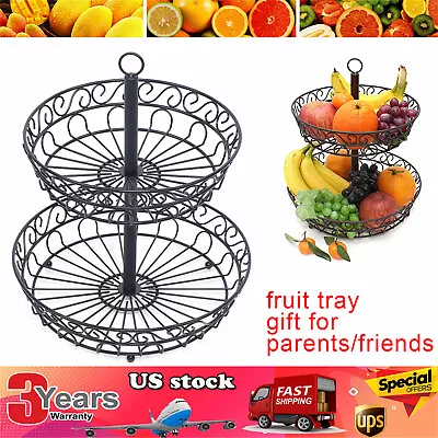 Countertop Modern 2-layer Hollow Fruit Basket Rack Storage Holder Black Round • $18