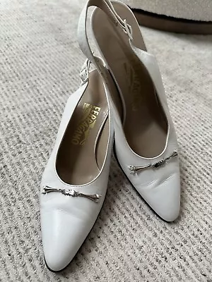 Ladies Ferragamo White Healed Slingback Shoes  • $88