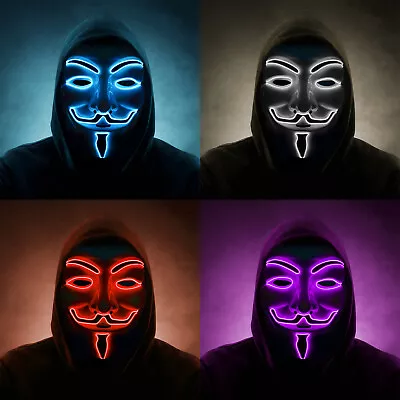 V For Vendetta Light Up LED MASK Anonymous Guy Fawkes Halloween Costume Cosplay • £7.99