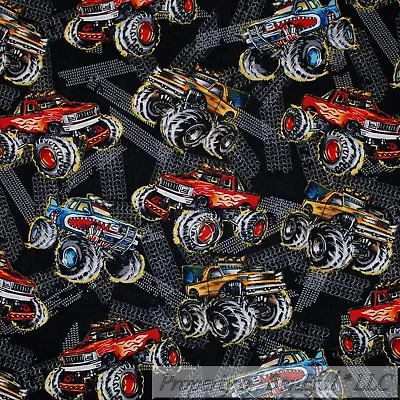 BonEful FABRIC FQ Cotton Quilt Black Red Yellow Monster Truck Race Track Car Boy • $7.79