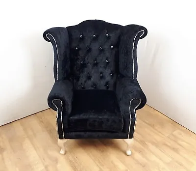 Black Velvet Queen Anne Style Chair With Diamante Buttons • £410