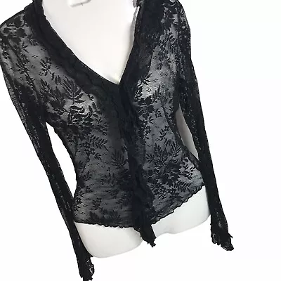 VTG Express Fitted Floral Lace Top Goth Fairy Sleeve Black Sheer Stretchy USA L • $39.99