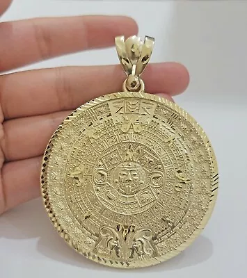 $1175 • Buy SOLID Real 10kt Yellow Gold Pendant Aztec Mayan Calendar 2.5  Men's Round Charm 