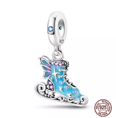 Silver S925 Blue Ice Skate Zirconia Dangle Gift Charm Pendant  Bracelet Necklace • £12.50