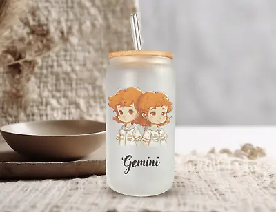 GEMINI Zodiac Sign Frosted Glass Can With Bamboo Lid 16 Oz Glass Cup By Mugzan • $17.99