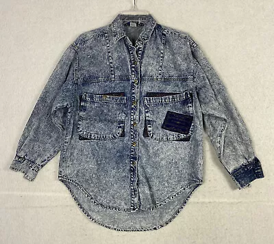 VTG Stefano Denim Shirt Women's S Acid Wash Button-down Logo 90s Grunge • £17.51