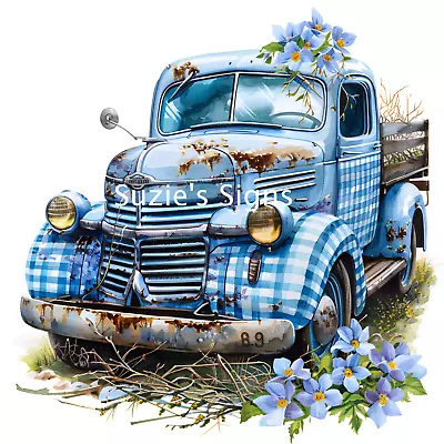 Fabric Block Vintage Truck Blue Gingham Truck Floral 8.5  By 11  • $12.55