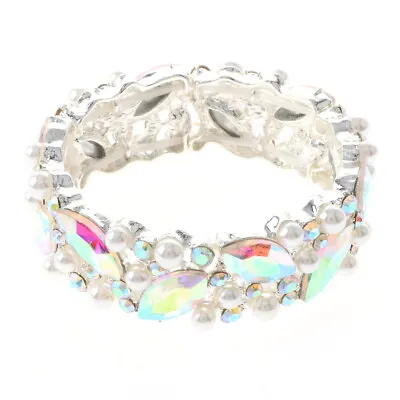 Silver Tone Metal AB Marquise Crystal Rhinestone White Pearl Stretch Bracelet B4 • $16.99