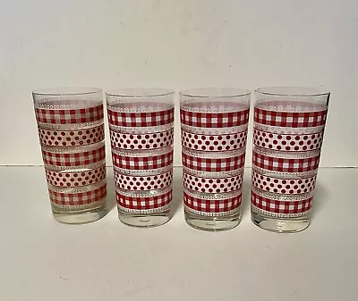 Set Of 4 VINTAGE Libbey Tall Glasses Red Gingham & Polka Dots Drink Ware 5.5” • $39