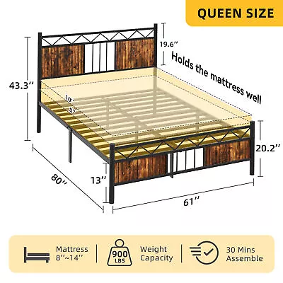 Twin/Full/Queen Bed Frame Wooden Storage Headboard Metal Platform Heavy Duty • $115.99