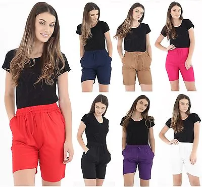 Women Ladies Casual Extra Length Linen Shorts Summer Holidays Beach Wear 10-16 • £5.94