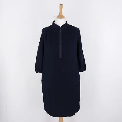 Marni Size 38 UK 6 Navy 84% Virgin Wool 3/4 Sleeve 1/2 Zip Dress Pockets • £44.99