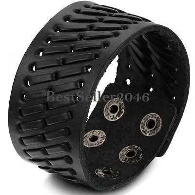 Wide Leather Men's Strap Stitched Bracelet Adjustable Cuff Wrist Bangle Black • $8.99