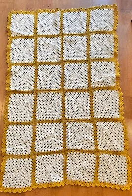 Vintage Crochet Gold And Ivory Square Blanket  Afghan 61x39 • $32