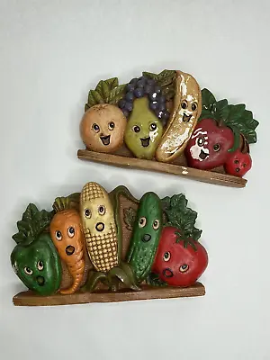 $35.99 • Buy Anthropomorphic Fruit & Vegetables Set Chalkware Hanging Wall Plaques VTG