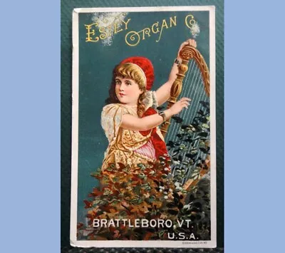  Antique VICTORIAN TRADE CARD ESTEY ORGAN CO BRATTLEBORO VT Girl W/harp • $14.95