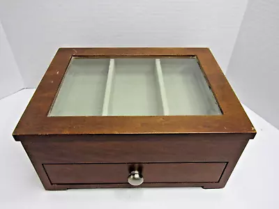 POTTERY BARN Wood Jewelry Box Beveled Glass Top With Drawer • $54.74