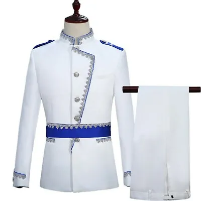 Men Tuxedo Stand Collar 2pcs Suit Blazer Coat Military Uniforms Slim Fit Jacket • $57.37