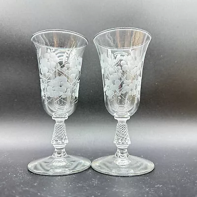 Vintage Set Of 2 Wine Cocktail Crystal Glass Stemware Etched Floral Design • $20