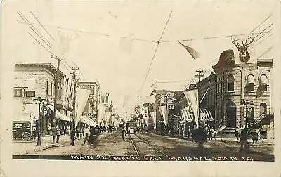 Postcard RPPC Iowa Marshalltown Main Street Trolley Railroad 23-1864 • $44.39