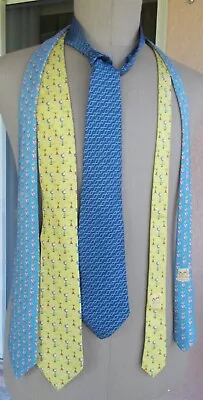 Lo Of 3 Hermes Silk Neckties Baby Blue Dark Blue Yellow • $57.77