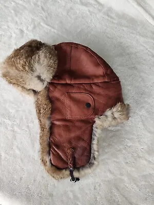 Vintage Mad Bomber L Leather Rabbit Fur Handmade Trapper Winter Hat Cap • $29.99
