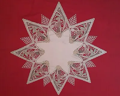 Vintage Christmas Decoration Candles Cut Embroidery White Green Star Tablecloth • $31