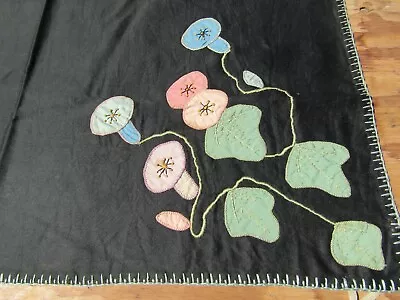 Vintage Black Tablecloth Applique Flowers 29  X 29.5  TC133 • $21.99