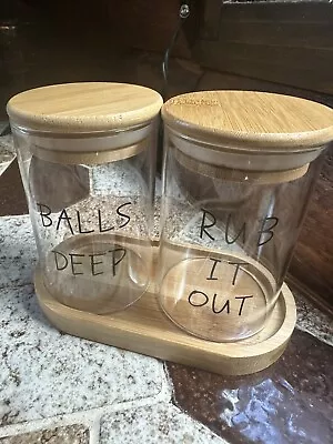 Balls Deep/Rub It Out Cotton Ball Jars Bathroom Funny Rae Dunn Style Wood Glass • $7