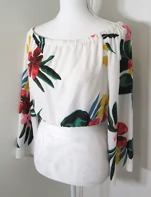 White Summer Holiday Off The Shoulder Floral Flared Sleeve Crop Top Size 8 Zaful • £9.99