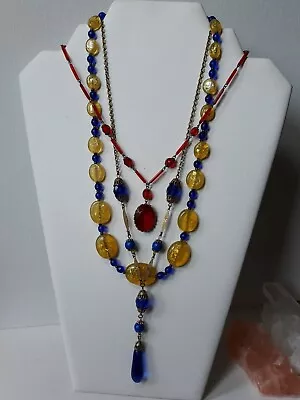 Antique Art Deco Necklace Lot Czech Brass Blue Red Yellow Glass Vintage Jewelry • $200