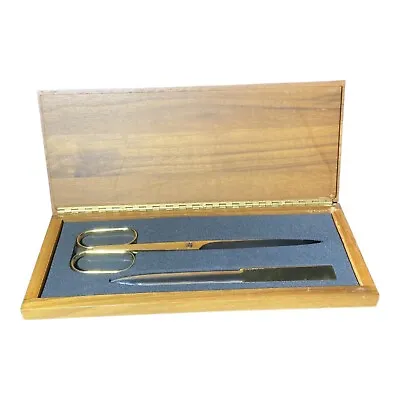 Vintage Solingen Germany Brass Letter Opener And Scissors In Hinged Wood Case • $45